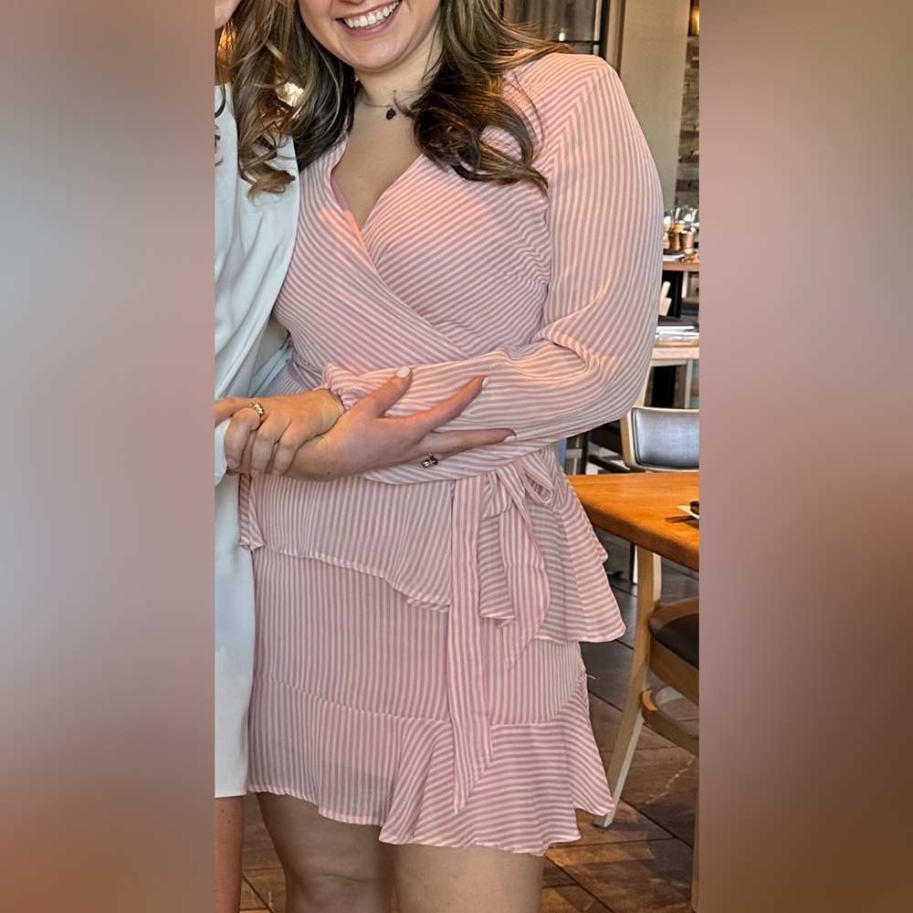Long Sleeve Pink and White Wrap Dress